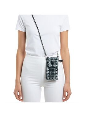 STEVE MADDEN Black & White Tweed Boucle CrossbodyPhone Bag w/ Faux Pearl Accents